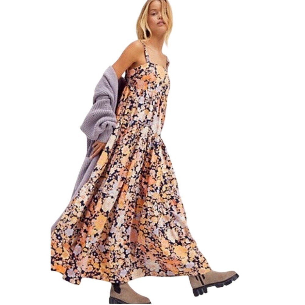 Free People Park Slope Tiered Maxi Dress Floral Sz M Boho Pockets Retro